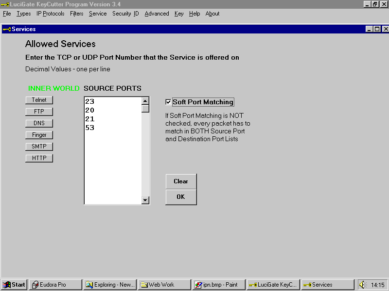 Program menus select protocols, ports, filters, sockets, packet types, allowed services and network address translation for the hackerproof, low cost, robust independent secure hardware firewall
